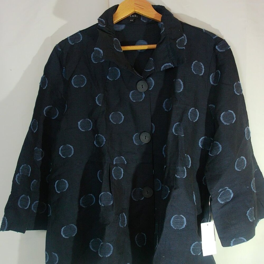 Damme NWT Polka Dot Jacket Black Blue Button Front Women’s Size 1X